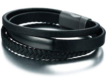 Father's Day Gift, Personalized Men's Bracelet With Custom Silver / Gold Plated Engraved Beads • Leather Cord • Jewelry For Dad Him Husband