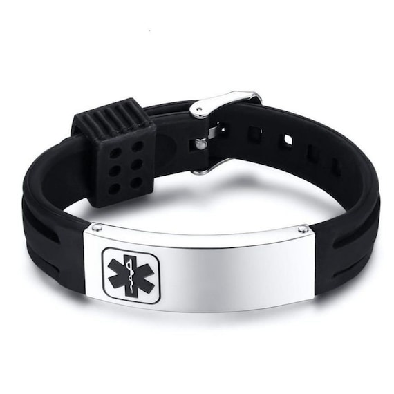 Men Medical ID Bracelet Silicone With Engraved Bar Medical Etsy