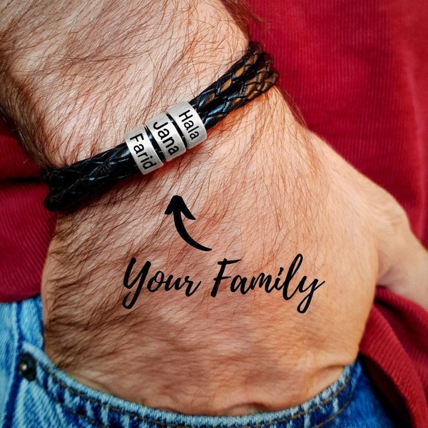 Braided Leather Bracelet With Personalised Beads | Family Names Bracelet | Personalised Boyfriend Gift | Engraved Names Bracelet