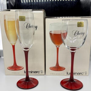 Cristal d&#39;Arques Cherry Red Stem Glass Set: Vintage French Crystal, New in Box
