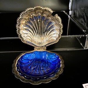 Vintage Silver-Plated Caviar or Butter Dish with Cobalt Blue Glass Insert | Rare Seashell Server w/ Lid | Includes Knife | Elegant Serveware