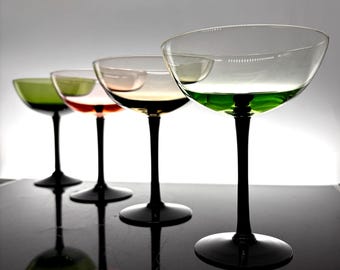 Vintage Black Stem Cocktail Glasses Set of 4 Colored Glass Stemware