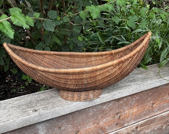 Vintage Mid-Century Crescent Wicker Basket Centerpiece Natural Woven Fruit Basket