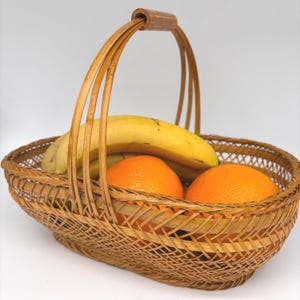 Vintage Open Weave Bamboo Basket with Arched Handle, Boho Farmhouse Decor