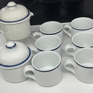 Vintage Dansk Bistro Stoneware: Blue Banded Cups, Saucers, Sugar Bowl & Creamer