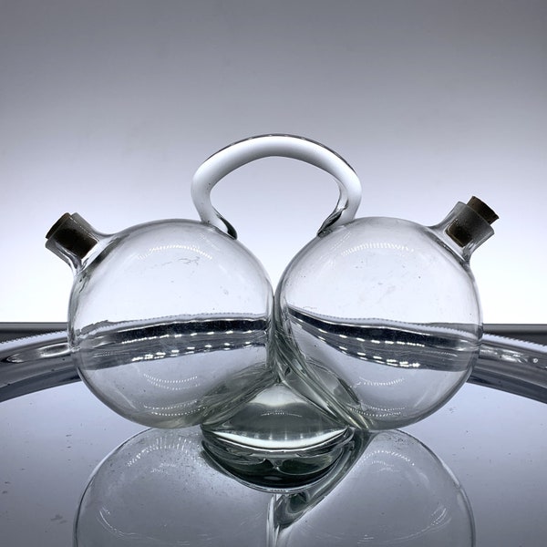 Antique Cruet Set | Unusual Oil & Vinegar Serving Set | Hand Blown Glass | Siamese Glass Cruet | Balloon Cruet