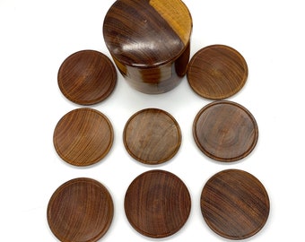 Vintage Inlaid Wood Coasters |  Box Set with 8 Coasters | Parquet Round Wood Box | Wood Marquetry Coaster Set | Mixed Wood | Segmented Wood