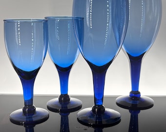 Cobalt Blue Glass Goblets Set of 4 Hand Blown Water Wine Glasses