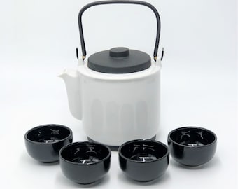 Vintage HH Teapot Set: Black & White Fine China with Ironstone Cups
