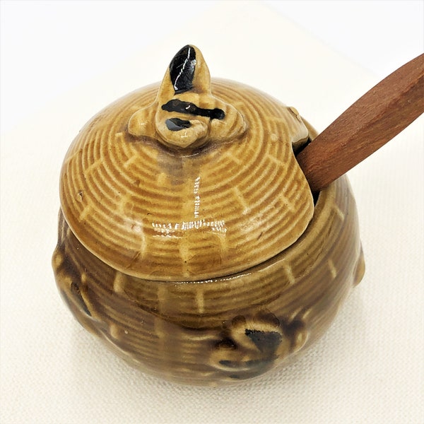 Vintage Golden Glazed Ceramic Beehive Honey Pot w/Bees | Basket Weave Design With Bees | Small Wooden Spoon