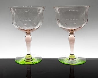 Vintage Weston Etched Uranium Glass Champagne Coupes Set of 2