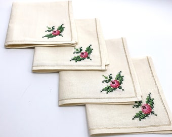 Vintage Cotton Napkins With Embroidered Roses | Cross Stitch Roses | Small Tea Napkins | Set of 4 Serviettes