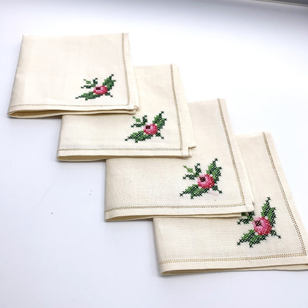 Vintage Cotton Napkins With Embroidered Roses | Cross Stitch Roses | Small Tea Napkins | Set of 4 Serviettes