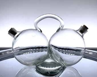 Vintage Handblown Siamese Cruet, Double Oil and Vinegar Bottle, Mid Century Glass