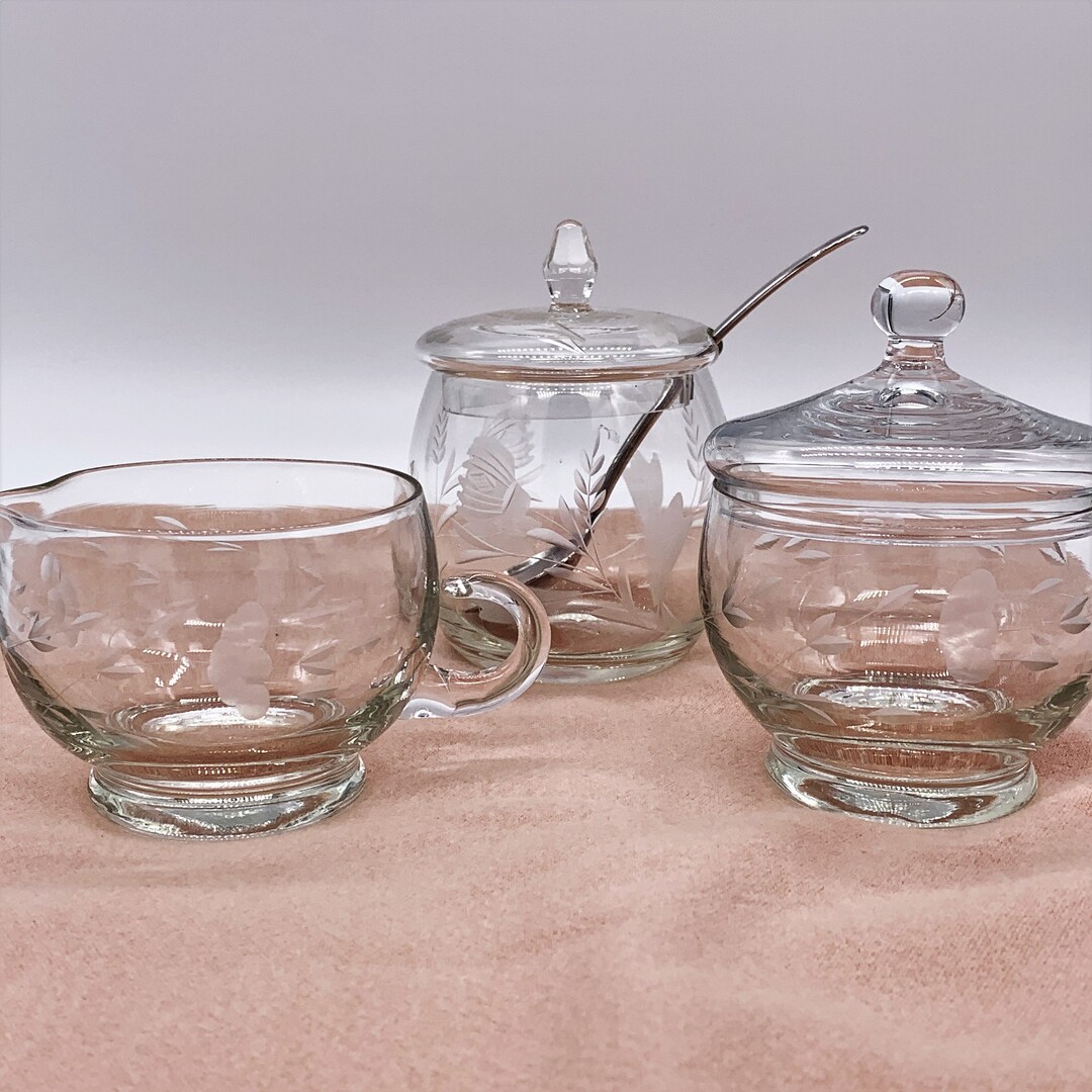 Vintage Etched Glass Creamer Sugar Set Etched Preserves Jar PRINCESS