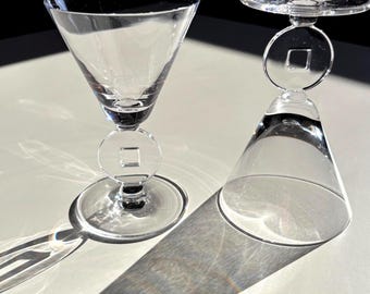 Cristal de Sevres Rumba Claret Glasses, Sculptural Crystal with Floating Cube Stem, Pair