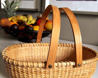 Vintage Nantucket Basket, Woven Lightship Style, Double Handle Bread or Storage Basket
