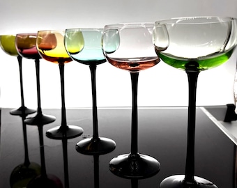 Vintage Black Stem Cocktail Glasses Set of 6 Colored Stemware