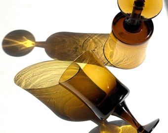 Denby Arabesque Brown Goblets Set of 2, Vintage Amber Smoked Wine Glasses, MCM Barware