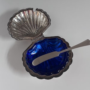 Vintage Silver Seashell Caviar or Butter Dish with Cobalt Glass Insert & Knife