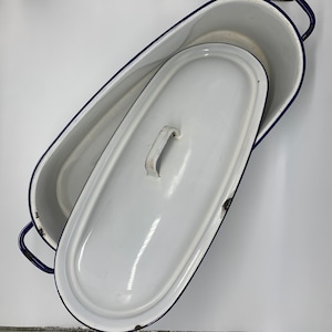 Vintage Enamel Fish Poacher: Chippy White & Blue Enamelware Sterilizer