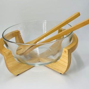 Vintage Mid Century Modern Beechwood Salad Serving Bowl | Glass Bowl with Wood Stand | 1960s Modern Kitchenware | Fruit or Salad Bowl