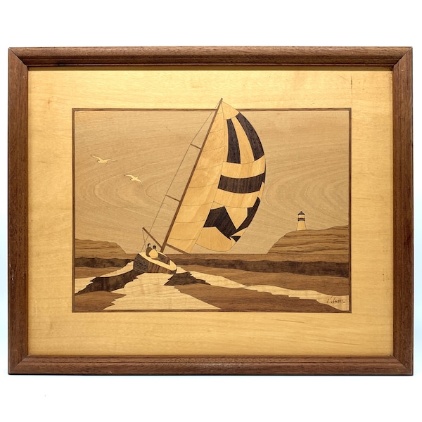 Vintage JEFF Nelson original  HUDSON RIVER Inlay art assemblage | Lighthouse & Sailboat | Vintage Marquetry Inlaid Wall Plaque | Nautical