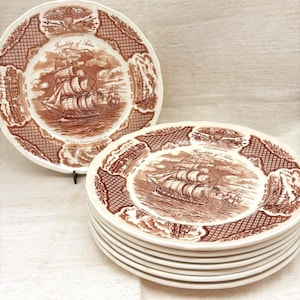 Alfred Meakin Fair Winds Dinner Plates, Friendship of Salem, Brown Transferware Set of 8