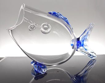 Vintage Art Glass Fish Vase Blue & Clear Mid-Century Sculpture