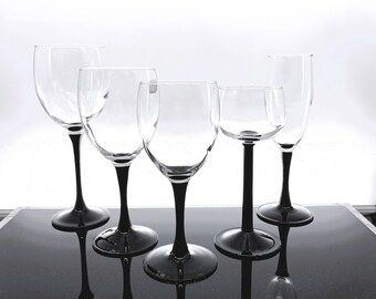 Vintage Cristal D'Arques Domino Black Stem Glassware, Luminarc French Barware