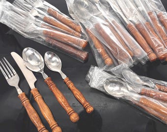 Vintage NOS 24 Piece Wood Handle Flatware Set Stainless Steel Farmhouse Taiwan