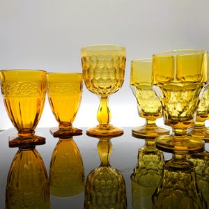 Vintage Amber Goblets: Pressed Glass, Gold Stemmed Retro Drinkware