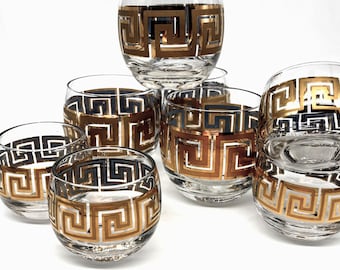 Vintage Greek Key Glasses Gold and Teal Barware, Sold in Sets and Singles