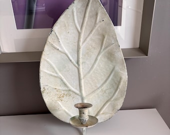 Large Vintage Metal Leaf Wall Sconce, Rustic Candle Holder, Distressed Patina
