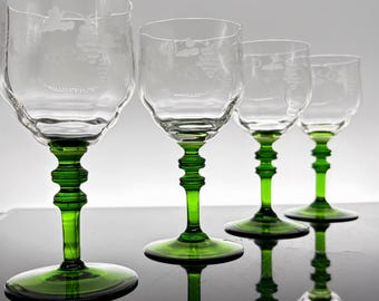 Antique Green Stem Wine Glasses Set of 4, Etched Grape Optic Bowl