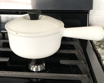 Vintage LE CREUSET Saucepan | White Enamel Cast Iron #14 Saucepan Hollow Handle | Oven to Table Bakeware | Made in  France