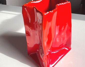 Vintage Italian Crinkle Bag Vase by Mancer Red Ombre Ceramic