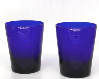 Vintage Libbey Flare Cobalt Blue Double Old Fashioned Glasses Set of 2