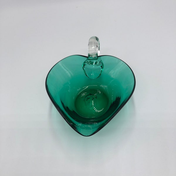 Unique Art Glass Bon Bon Dish | Olive Dish | Hand Blown | Emerald Green Bowl | Heart Shape | Clear Applied Handle