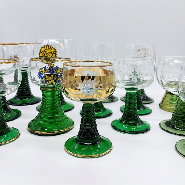 Vintage German & French Rhine Romer Wine, Brandy, Sherry, Cordial Souvenir Glasses | Green Ribbed Beehive Stem |  YOUR CHOICE