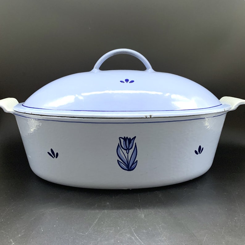 Vintage Dru Holland Tulip Cast Iron Dutch Oven 35 26 24 Kitchen Dutch Oven Dru Blue & Yellow Enamel Delft Blue Tulip Pots image 2