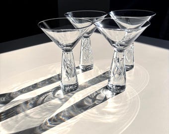 Vintage Art Glass Martini Glasses, Sculptural Stem, Bubble Twist, Set of 4