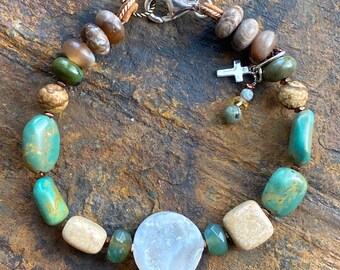 Druzy, turquoise, river stone, wood opal and moss agate bracelet!