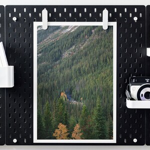 May include: A black pegboard with a white frame, featuring a framed photograph of a forest landscape, a white shelf with a black instant camera, and a white shelf with a black lens camera.