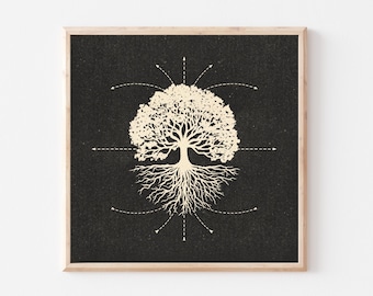 Puede incluir: Una ilustración en blanco y negro de un árbol con raíces y ramas que se extienden hacia afuera. El árbol está rodeado por un círculo de flechas que apuntan hacia el centro.