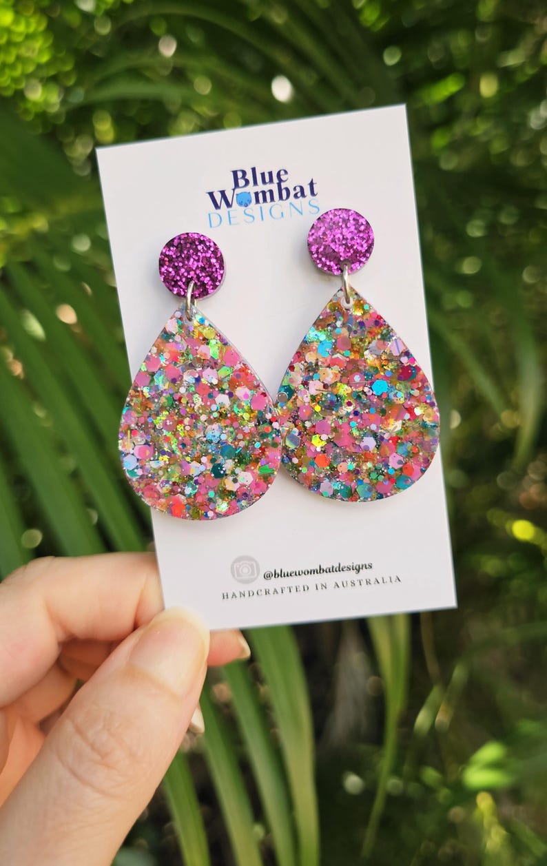 Resin Glitter Tear Drop Colourful Dangle Earrings - Etsy Australia