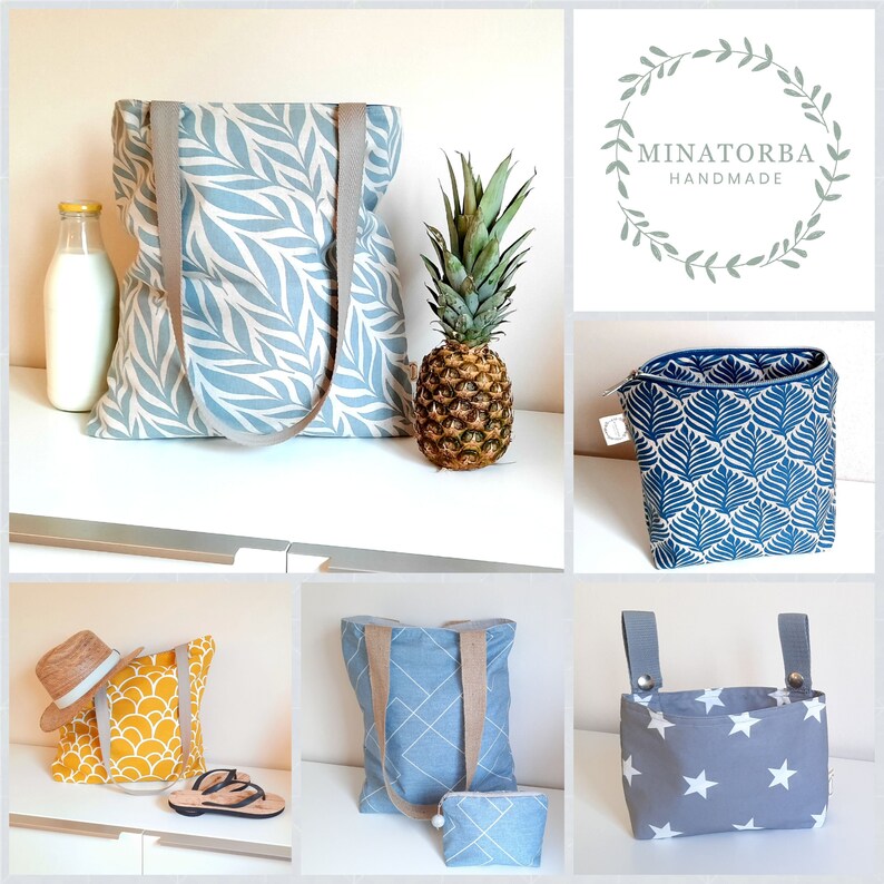 May include: A collection of six different tote bags with various patterns and colors. The bags are made of fabric and have a variety of designs, including leaves, stars, and geometric patterns. The bags are all handmade and are perfect for carrying everyday essentials.