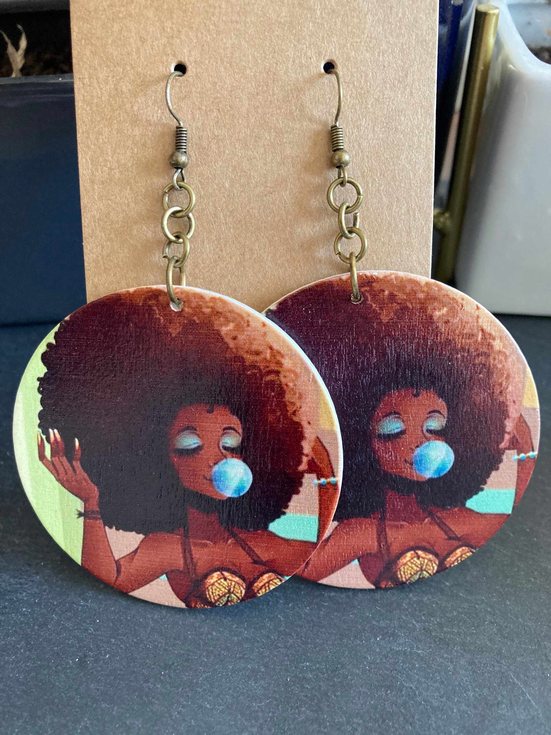 Large round African themed earrings beautiful woman | Etsy