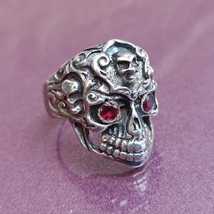 925 Silver Ruby Biker Ring, Biker Ring, Biker Jewelry, Retro Skull Ring, Biker Skull Ring, Silver Biker Ring, Skull Ring, Skull Silver Ring