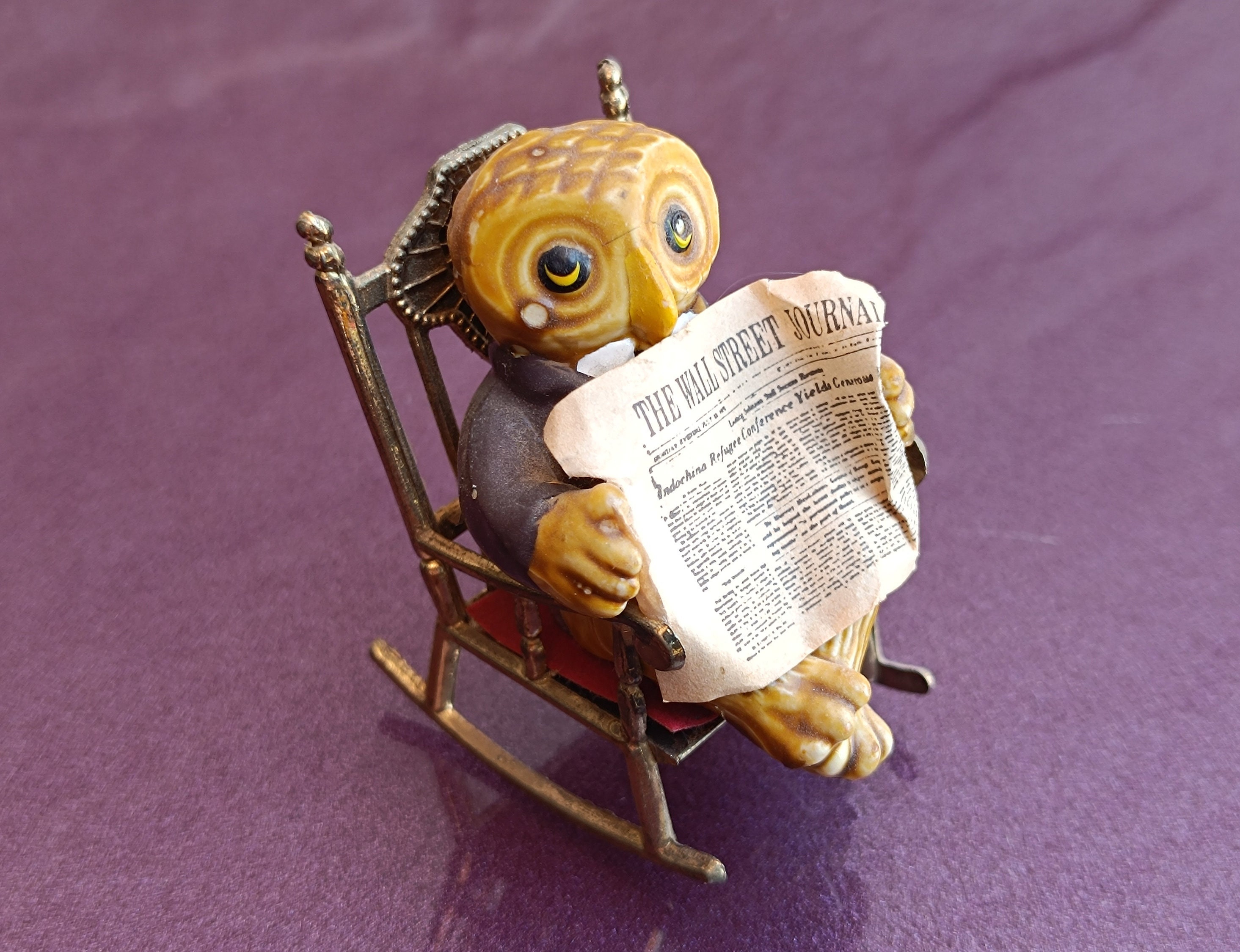 Owl Sits On a Rocking Chair Reading The Wall Street Journal Newspaper, Owl Porcelain Figurine, Colle